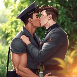 A muscular young male cadet sharing a romantic kiss with another male cadet, both dressed in stylish military uniforms
