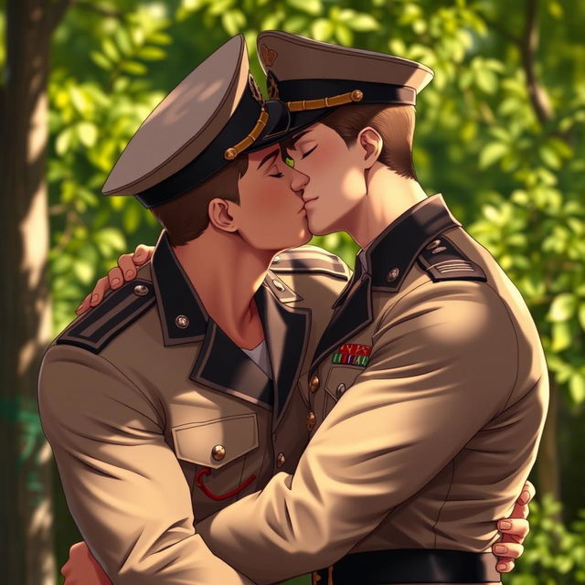 A muscular young male cadet sharing a romantic kiss with another male cadet, both dressed in stylish military uniforms