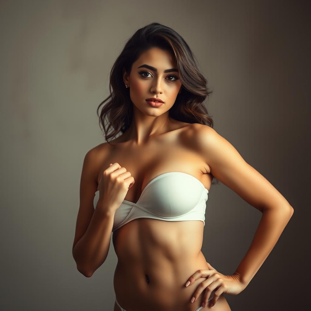 A confident young woman posing in a tasteful and sensual manner, showcasing her beautiful figure with artistic lighting and a soft-focus background