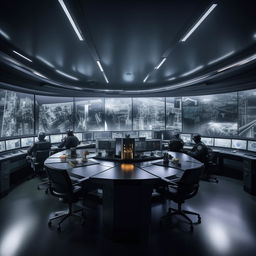 A well-lit glass penthouse office designed as a SWAT control room with 5 officers seated at screens on an arc console, and another officer sitting alone at a separate desk with a screen, using design elements from the provided link.