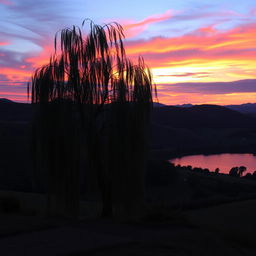 A serene and picturesque landscape at sunset featuring vibrant colors of orange, pink, and purple in the sky
