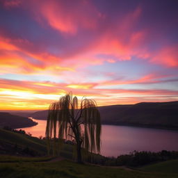A serene and picturesque landscape at sunset featuring vibrant colors of orange, pink, and purple in the sky