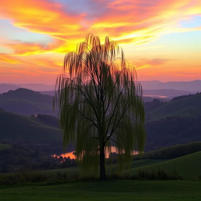 A serene and picturesque landscape at sunset featuring vibrant colors of orange, pink, and purple in the sky