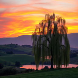 A serene and picturesque landscape at sunset featuring vibrant colors of orange, pink, and purple in the sky