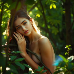 A sensual young woman leaning gracefully against a tree in a lush forest, partially covered by a tree branch that delicately masks her lower body