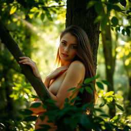 A sensual young woman leaning gracefully against a tree in a lush forest, partially covered by a tree branch that delicately masks her lower body