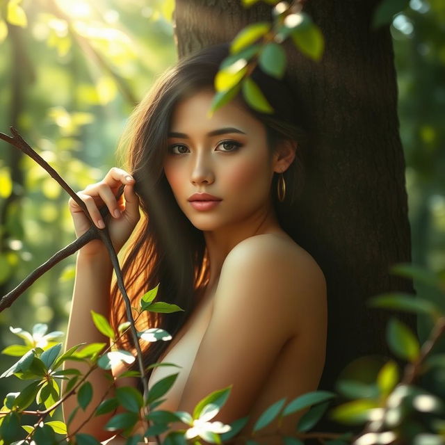 A sensual young woman leaning gracefully against a tree in a lush forest, partially covered by a tree branch that delicately masks her lower body