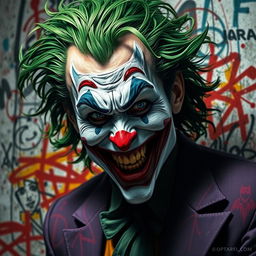 A striking portrait of the Joker, featuring a chaotic blend of vibrant colors and intricate patterns that reflect his unpredictable nature