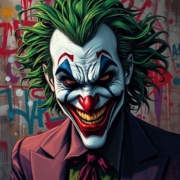 A striking portrait of the Joker, featuring a chaotic blend of vibrant colors and intricate patterns that reflect his unpredictable nature