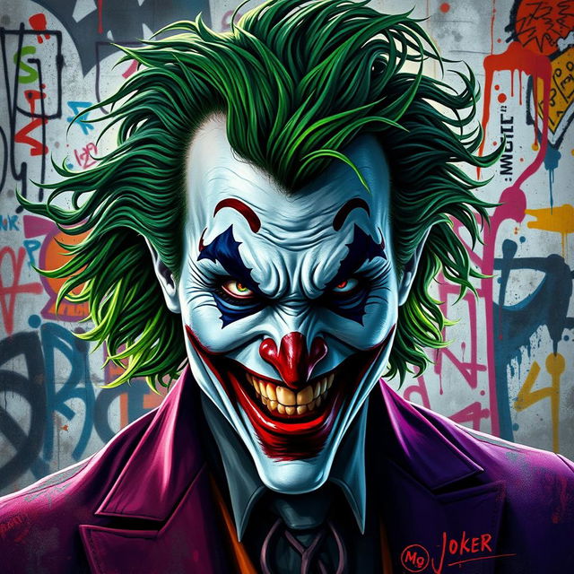 A striking portrait of the Joker, featuring a chaotic blend of vibrant colors and intricate patterns that reflect his unpredictable nature