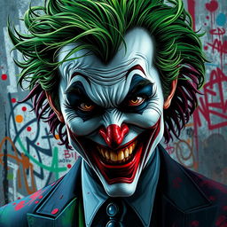 A striking portrait of the Joker, featuring a chaotic blend of vibrant colors and intricate patterns that reflect his unpredictable nature