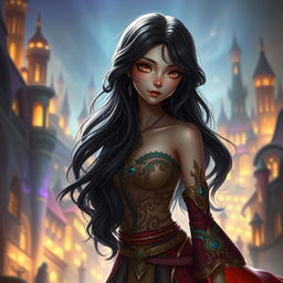 A digital artwork of a skinny girl with long wavy black hair, brown eyes, and pale skin, inspired by the style of Arcane