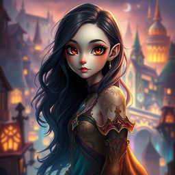 A digital artwork of a skinny girl with long wavy black hair, brown eyes, and pale skin, inspired by the style of Arcane