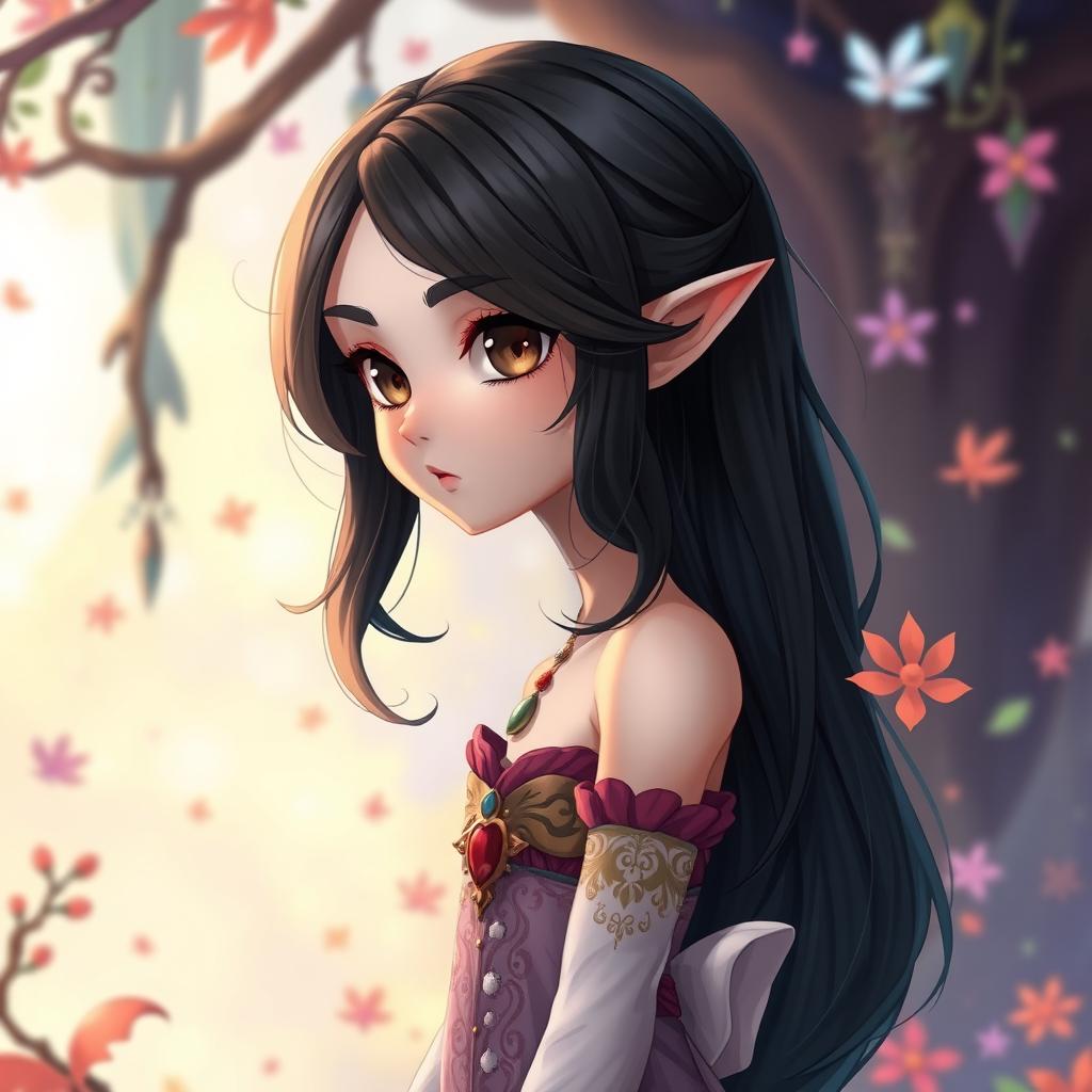 A skinny girl with long, wavy black hair and brown eyes, featuring an elegant, pale complexion, depicted in the unique Arcane animation series style