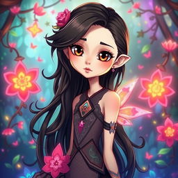 A skinny girl with long, wavy black hair and brown eyes, featuring an elegant, pale complexion, depicted in the unique Arcane animation series style