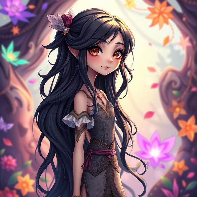 A skinny girl with long, wavy black hair and brown eyes, featuring an elegant, pale complexion, depicted in the unique Arcane animation series style