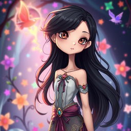 A skinny girl with long, wavy black hair and brown eyes, featuring an elegant, pale complexion, depicted in the unique Arcane animation series style