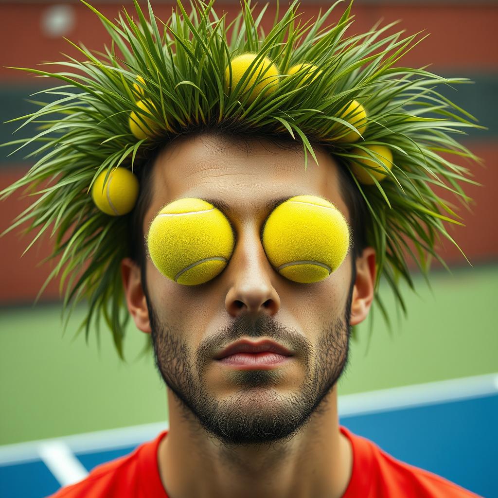 A surreal portrait of a man who embodies nature, having grass sprouting from his hair, symbolizing a deep connection to the earth