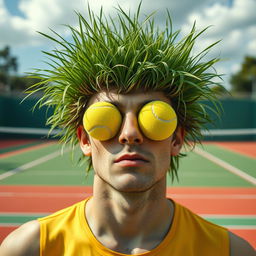 A surreal portrait of a man who embodies nature, having grass sprouting from his hair, symbolizing a deep connection to the earth