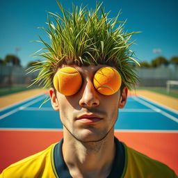 A surreal portrait of a man who embodies nature, having grass sprouting from his hair, symbolizing a deep connection to the earth