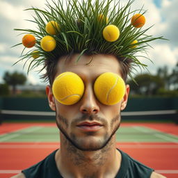 A surreal portrait of a man who embodies nature, having grass sprouting from his hair, symbolizing a deep connection to the earth