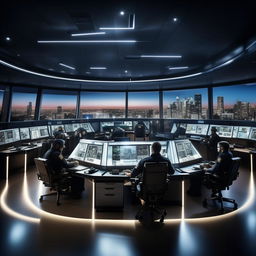 A well-lit glass penthouse office designed as a SWAT control room with 5 officers seated at screens on an arc console, and another officer sitting alone at a separate desk with a screen, using design elements from the provided link.