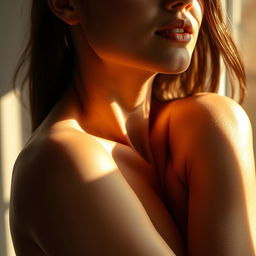 A sensual close-up of a woman's armpits illuminated by sunlight, showcasing smooth and attractive skin
