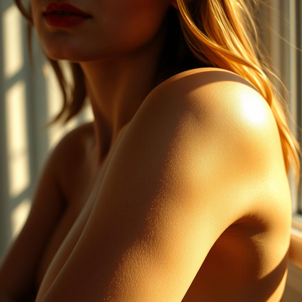 A sensual close-up of a woman's armpits illuminated by sunlight, showcasing smooth and attractive skin