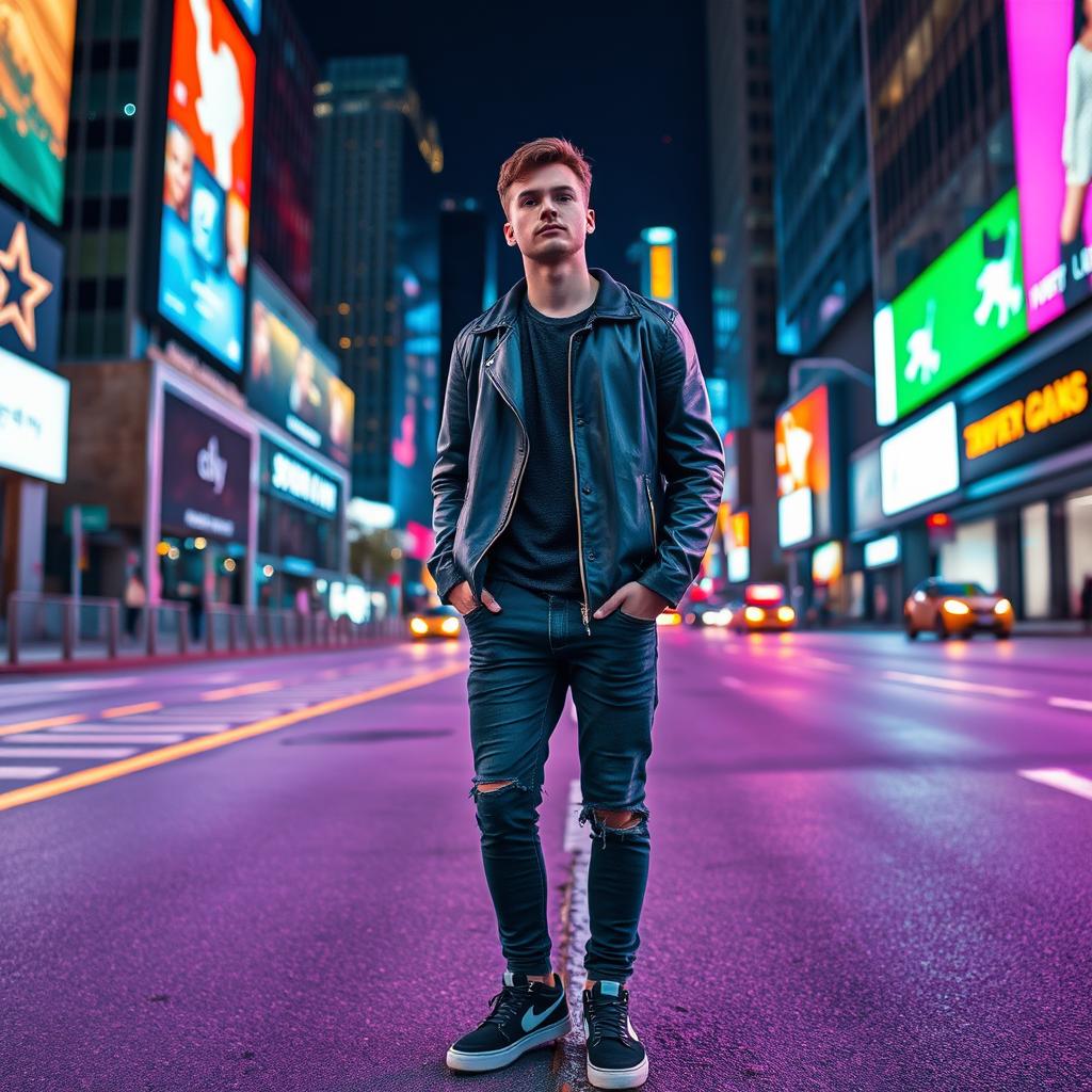 A cool and stylish portrait of a person standing confidently on a city street at night