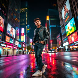 A cool and stylish portrait of a person standing confidently on a city street at night