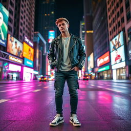 A cool and stylish portrait of a person standing confidently on a city street at night