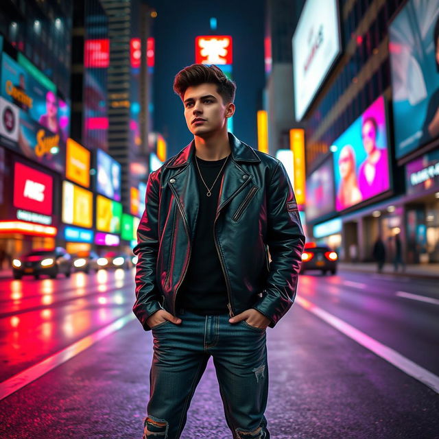 A cool and stylish portrait of a person standing confidently on a city street at night