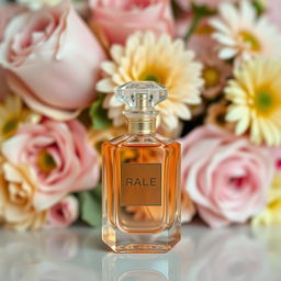 A beautiful pink and yellow floral arrangement as the background, featuring a delicate and elegant bottle of perfume in the foreground