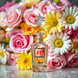 A beautiful pink and yellow floral arrangement as the background, featuring a delicate and elegant bottle of perfume in the foreground
