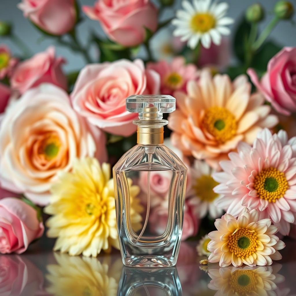 A beautiful pink and yellow floral arrangement as the background, featuring a delicate and elegant bottle of perfume in the foreground