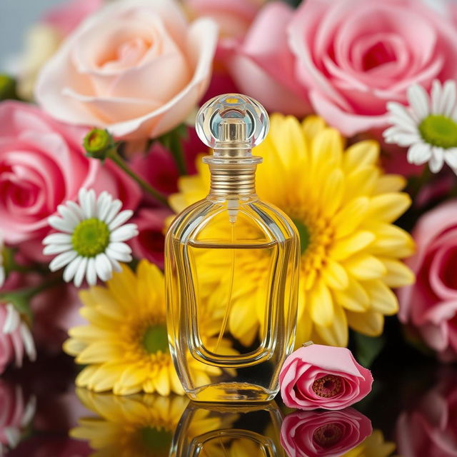 A beautiful pink and yellow floral arrangement as the background, featuring a delicate and elegant bottle of perfume in the foreground