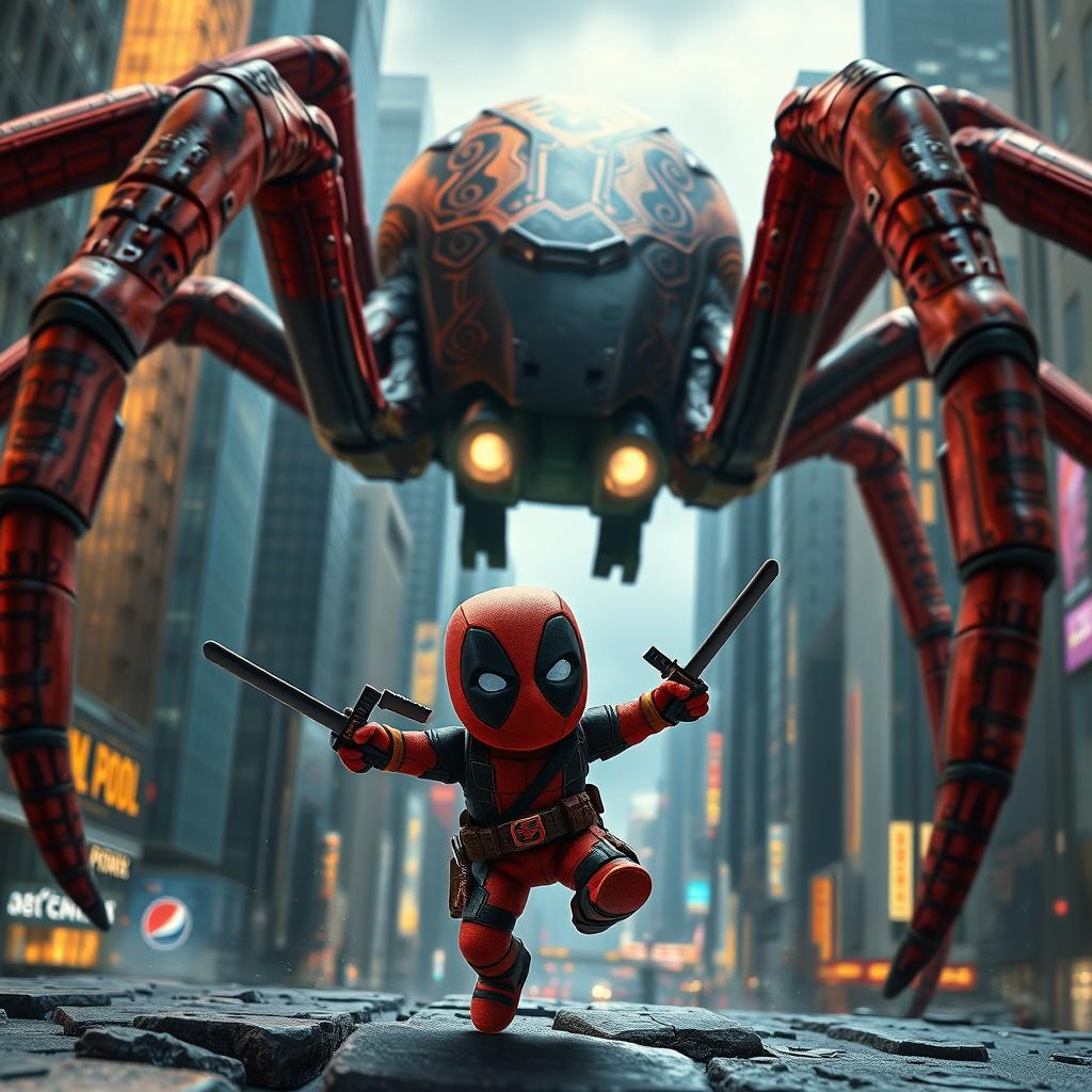 A dynamic action scene depicting a miniature version of Deadpool, engaged in an epic battle with a large, menacing spider in a bustling urban environment