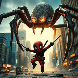 A dynamic action scene depicting a miniature version of Deadpool, engaged in an epic battle with a large, menacing spider in a bustling urban environment