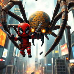 A dynamic action scene depicting a miniature version of Deadpool, engaged in an epic battle with a large, menacing spider in a bustling urban environment
