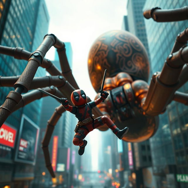 A dynamic action scene depicting a miniature version of Deadpool, engaged in an epic battle with a large, menacing spider in a bustling urban environment