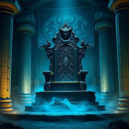 A majestic and intricate throne, known as the Throne of Seal, sits at the center of an ancient, mystical chamber