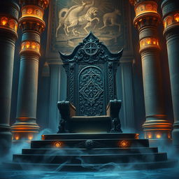 A majestic and intricate throne, known as the Throne of Seal, sits at the center of an ancient, mystical chamber