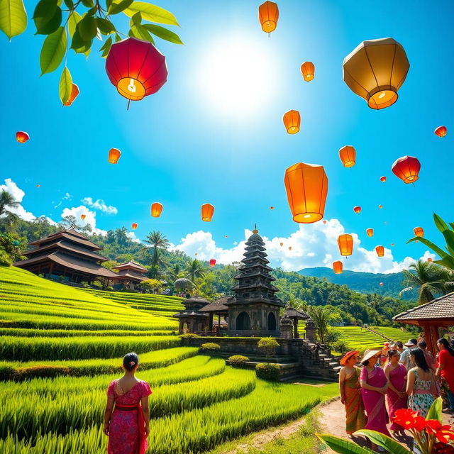 A vibrant and captivating scene showcasing the beauty of Indonesia, featuring lush green rice terraces under a bright blue sky, traditional Balinese architecture with intricate carvings, a serene water temple reflecting the surrounding nature, and people dressed in colorful traditional attire engaged in a cultural celebration