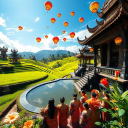 A vibrant and captivating scene showcasing the beauty of Indonesia, featuring lush green rice terraces under a bright blue sky, traditional Balinese architecture with intricate carvings, a serene water temple reflecting the surrounding nature, and people dressed in colorful traditional attire engaged in a cultural celebration