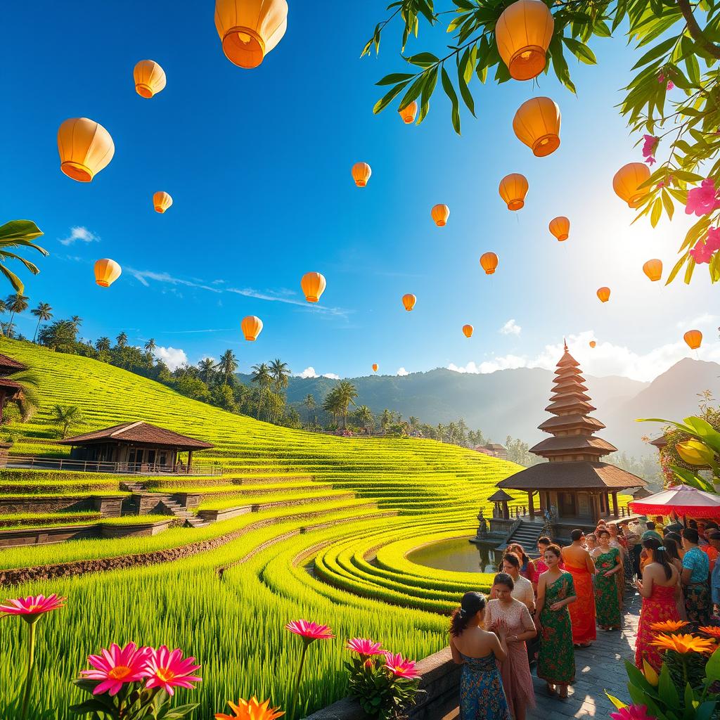 A vibrant and captivating scene showcasing the beauty of Indonesia, featuring lush green rice terraces under a bright blue sky, traditional Balinese architecture with intricate carvings, a serene water temple reflecting the surrounding nature, and people dressed in colorful traditional attire engaged in a cultural celebration