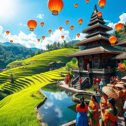 A vibrant and captivating scene showcasing the beauty of Indonesia, featuring lush green rice terraces under a bright blue sky, traditional Balinese architecture with intricate carvings, a serene water temple reflecting the surrounding nature, and people dressed in colorful traditional attire engaged in a cultural celebration