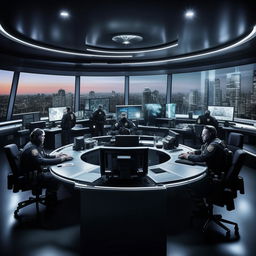 A well-lit glass penthouse office designed as a SWAT control room with 5 officers seated at screens on an arc console, and another officer sitting alone at a separate desk with a screen, using design elements from the provided link.