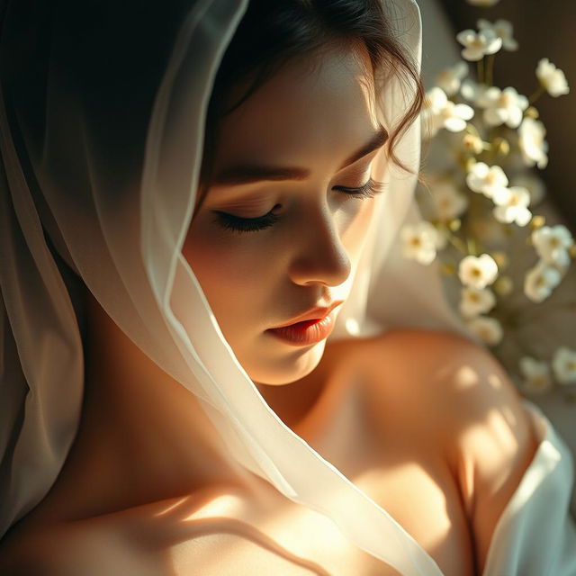 A close-up artistic interpretation of a woman in a serene and private setting, highlighted by soft light and gentle shadows