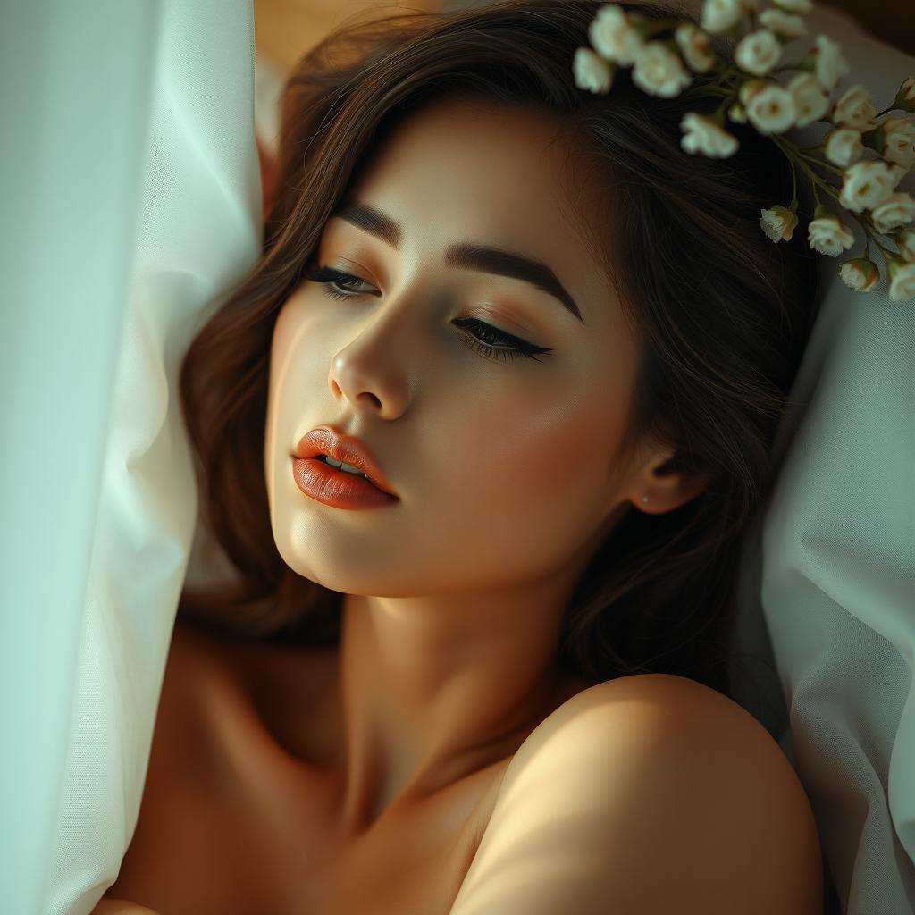 A close-up artistic interpretation of a woman in a serene and private setting, highlighted by soft light and gentle shadows