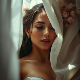 A close-up artistic interpretation of a woman in a serene and private setting, highlighted by soft light and gentle shadows